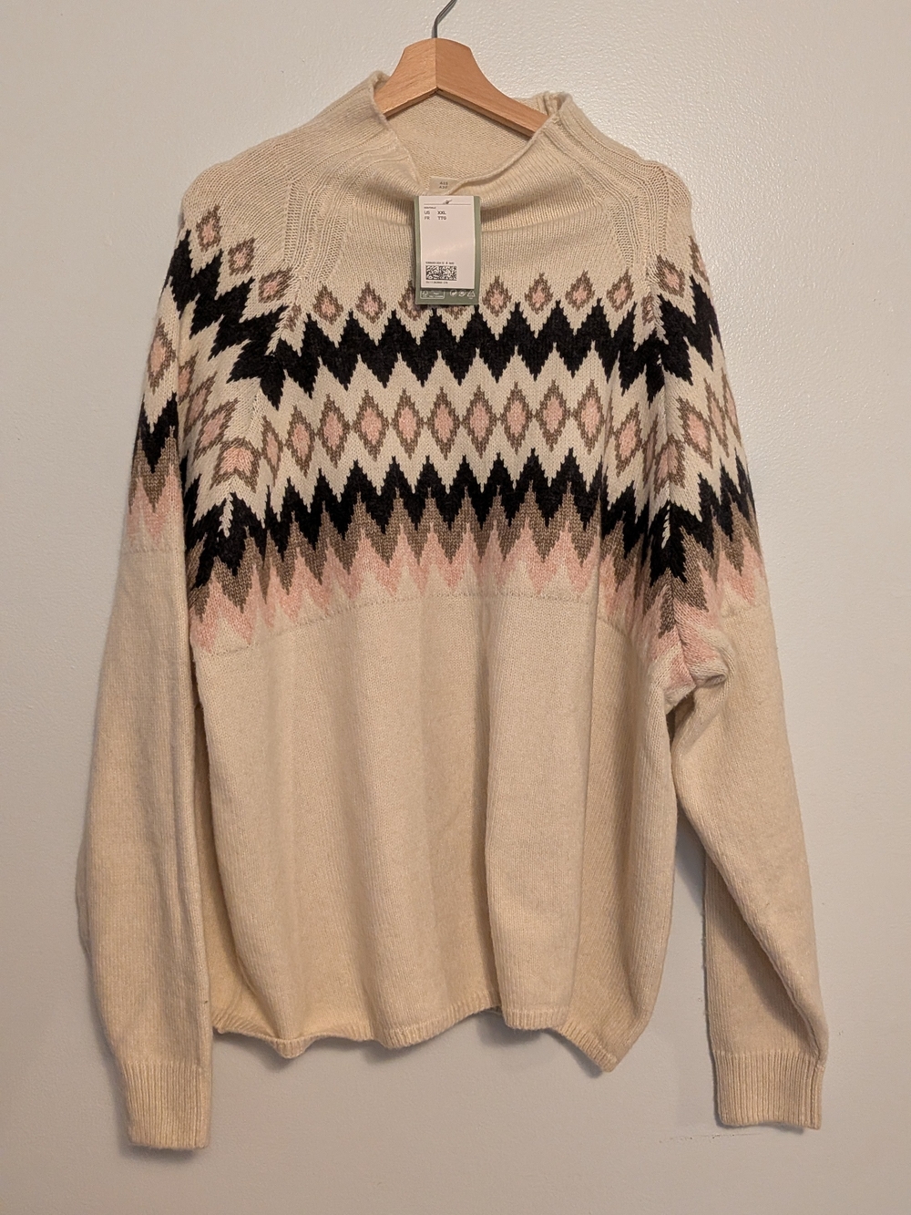 H&M Cream Fair Isle Turtleneck Sweater with Black and Soft Pink Pattern